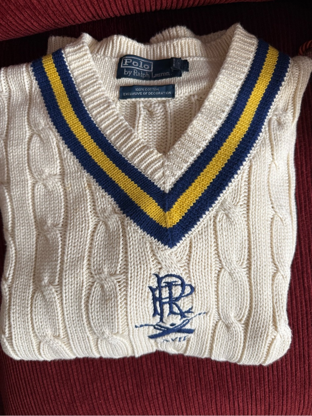 Polo/Ralph Lauren "Varsity"Cream Cable-Knit V-Neck Men's Sweater NWOT
